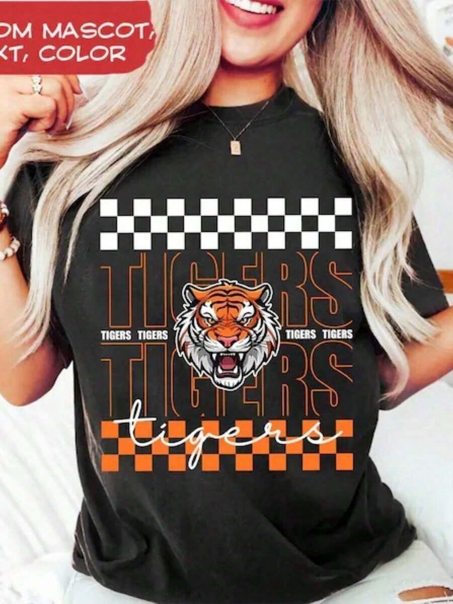 Camisetas Casuales Unisex Premium Bonitas, Camiseta de Mujer con Diseño de Tigre, Camiseta de Mascota, Camiseta de Espíritu Escolar - Negro - Ver 1