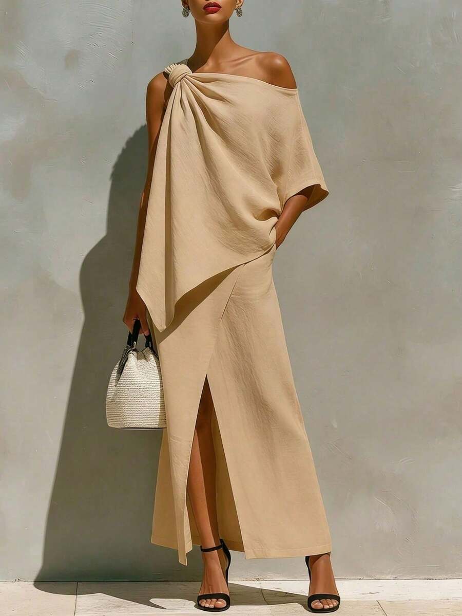 Conjunto de 2 piezas nuevo de moda para mujer, personal y único, color liso, hombro con nudo, abertura frontal, diseño asimétrico, favorecedor, perfecto para looks urbanos y de noche - Albaricoque - Ver 1