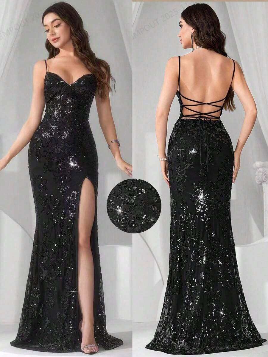 Vestido de noche con abertura alta en el muslo, con lentejuelas y diseño de patchwork, con espalda descubierta y silueta de sirena para mujer - Negro - Ver 1