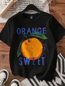 Camiseta Casual Naranja con Estampado de Frutas Dulces, Top Casual de Verano para Mujer, 220g, 100% Algodón, Duradera - Negro - Ver 3