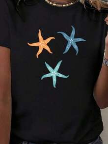 Diseño Sencillo y Versátil, Colorido, con Estampado Creativo de Tres Estrellas de Mar, Camiseta de Verano para Mujer, Manga Corta, Cuello Redondo, Ropa Casual de Verano para Mujer, Camiseta de Algodón. - Negro - Ver 6