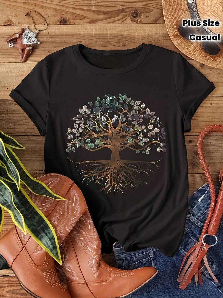 Women's Plus Size Casual T-Shirt With Tree Of Life Print, Round Neck And Short Sleeves, Comfortable And Breathable For Everyday Wear, Spiritual Nature And Tree Casual T-Shirt - màu đen - Xem 1
