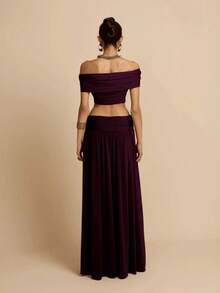 Conjunto vestido largo liso de verano estilo europeo, hombro al descubierto, escote bandeja y diseño con cintura al descubierto, estilo sensual y moderno. - Morado - Ver 3