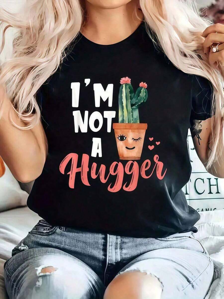 Camiseta Con Diseño De Cactus Divertido Que Dice No Soy Una Abrazadora , Estampa De Cactus Suculento, Camiseta Informal De Cuello Redondo De Manga Corta Cómoda Para Primavera Y Verano, Ropa De M Summer Essentials,Summer Outfits For Women,Graphic Teesblusas para mujer - Negro - Ver 1