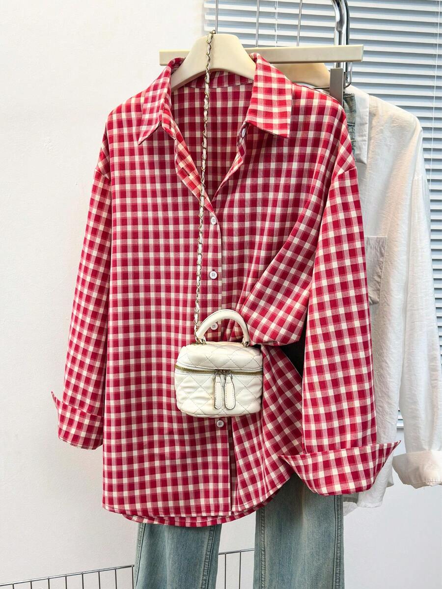 Women's Casual Blue Plaid Long Sleeve Polyester Blouse, Regular Fit - Red - View 1