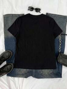 Camiseta Casual de Manga Corta con Cuello Redondo para Mujer, Estampado de Cócteles, Adecuada para el Verano, Playeras de Mujer - Negro - Ver 9
