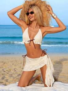 Conjunto de bikini de 3 piezas con tapa de falda, estilo de vacaciones en la playa, para mujer, con bikini halter sin espalda y encaje sexy - Beis 3 - Ver 6