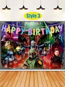 Hasbro 主题生日快乐背景幕布，银河系派对横幅，饰有标志性人物和星际战斗机，涤纶材质，适用于生日装饰，易于悬挂且可重复使用，是拍照亭、墙面装饰和派对用品的理想之选，包含绝地武士、机器人和太空主题元素，为任何庆祝活动增添史诗般的氛围，经久耐用且轻便，是粉丝生日的完美之选，适合室内和室外使用，非常适合创造难忘的派对时刻。 - 多款 - 查看 15