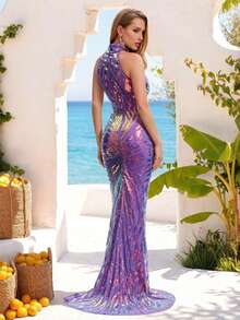 Romagic Women's Sequin Maxi Dress, Sleeveless Stand Collar Fitted Long Gown For Party & Evening - Purple - View 5