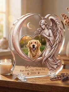 1 pieza Decoración conmemorativa de mascota personalizada de acrílico, placa conmemorativa de mascota personalizada con foto y texto personalizables, decoración conmemorativa de nombre y fecha de mascota personalizable. Adopta diseño plano 2D de ángel abrazando la luna, artesanía en relieve degradado dorado rosa y marco con forma de corazón. - Ángel 1 - Ver 5