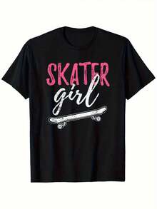 Graphic Skateboarding T-Shirt, Women's Short Sleeve Crew Neck T-Shirt, For Family And Friends, Black, Soft, Breathable, Non-Fading, Casual Style, New Year, 180g, Cotton T-Shirt Sizes S-XXL - 黑色 - 查看 1
