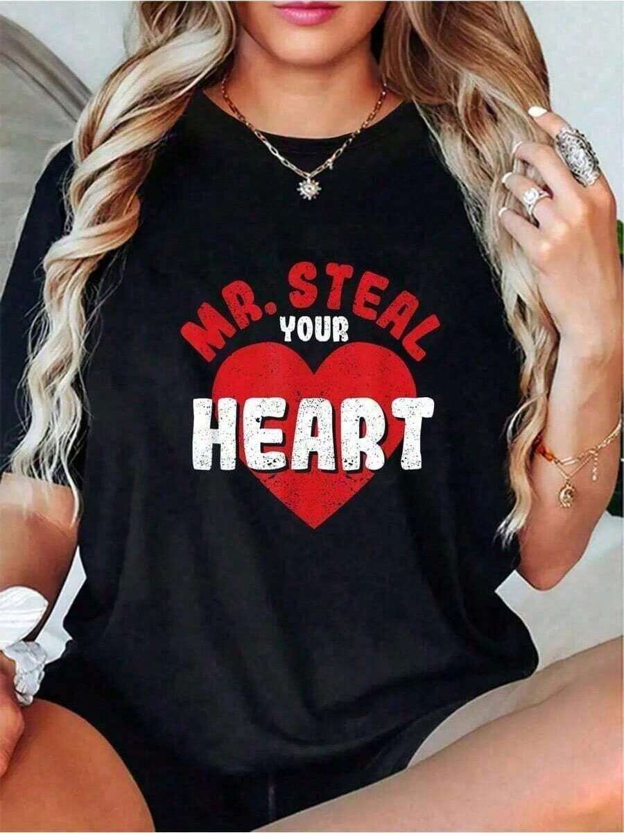 Women's Cotton Valentine's Day T-Shirt With Round Neck And Short Sleeves, Casual Summer T-Shirt, 100% Cotton, For Couples And Toddlers. Women's Blouses Shirt - 黑色 - 查看 1