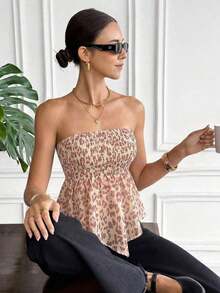 Top bandeau con volantes y estampado de leopardo, top sin tirantes, top de estilo vacacional sexy y elegante para mujer - Multicolor 2 - Ver 5
