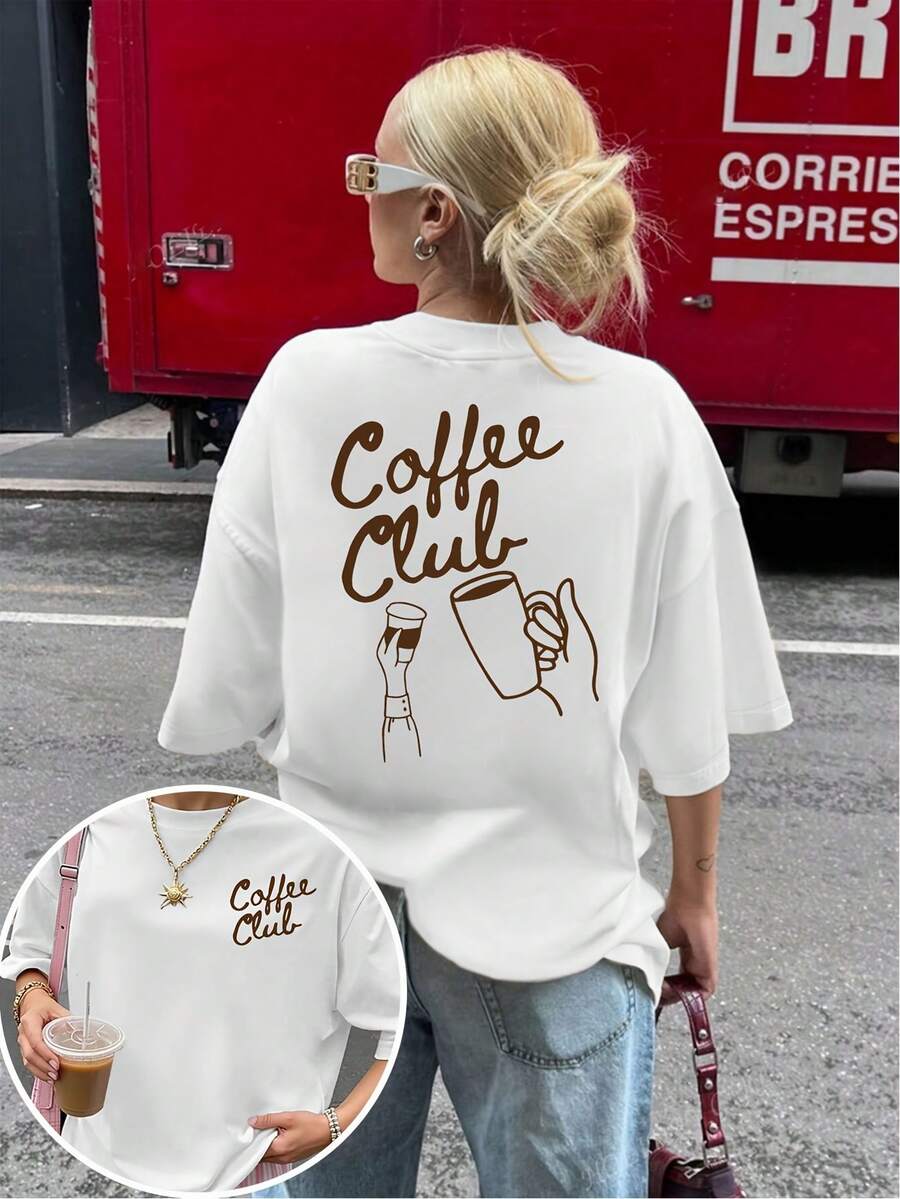 Women's Pure Cotton Short Sleeve T-Shirt With Vintage Cafe Club Print - High Elasticity Crew Neck Casual Top, Comfortable Top, Coffee Theme Design, Machine Washable, Suitable For Daily Wear And Layering, Summer Clothes For Women, Summer Top, Blouses And Shirts For Women. NOHU - 白色 2 - 查看 1