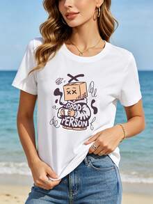 Women's T-Shirt: White Printed T-Shirt For Women, Featuring A Cartoon Character Holding A Coffee And The Slogan "Good Person", In An Urban Street Graffiti Style, Perfect For Casual Beach Holidays, Music Festivals And Creative Social Gatherings. - 白色 - 查看 4
