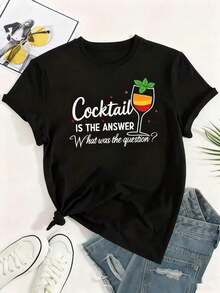 Women's Winter Clothing Featuring The Phrase "The Cocktail Is The Answer, What's The Question?". Colorful Cocktail Glass With Custom Text, Mint Leaves, And Polka Dot Print. Casual Crew Neck Sports T-Shirt, Suitable For Vacations, Cocktail Enthusiasts, Women's Autumn Clothing, Christmas Gifts, Holiday Wear. Women's Blouses - 黑色 - 查看 1