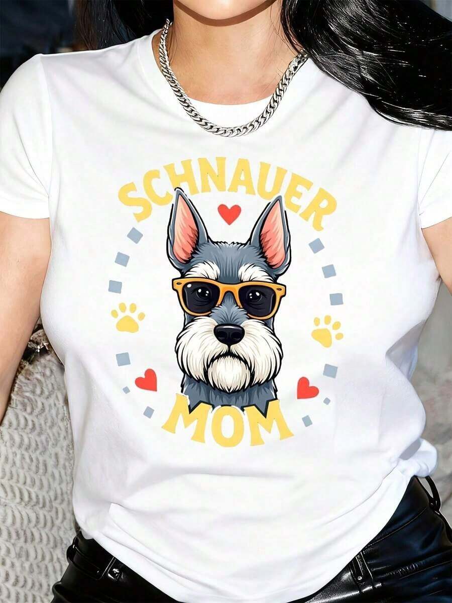 New Arrivals For Summer. Women's Schnauzer Dog Lover T-Shirt - Black With Yellow And White Graphic - Soft Everyday T-Shirt For Pet Owners - Casual T-Shirt For Dog Moms - Perfect Gift For Schnauzer Lovers, Dog T-Shirt, Comfortable Fit, Geometric Pattern Blouse, Breathable Fabric, Shirt > Beautiful. - 白色 - 查看 1