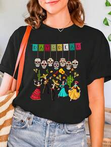Camiseta de mujer con estampado temático de festival, Día de Muertos mexicano, carnaval, fiesta, manga corta, cuello redondo, top casual para verano y primavera, ropa de mujer, top - Negro - Ver 1