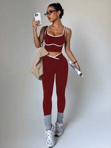 Dewbera Conjunto deportivo de mujer de dos piezas con bloques de color sin costuras, malla de yoga, conjunto de fitness, conjunto de entrenamiento de dos piezas, conjunto activo de dos piezas, conjunto deportivo negro de dos piezas - Burdeos - Ver 7