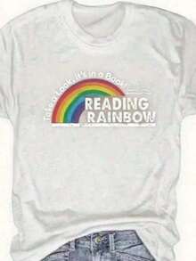 Women's Fitted T-Shirt With Y2K Print And Crew Neck - Plus Size - Red T-Shirt For Women - Rainbow Graphic Design T-Shirt For Reading And Books - Casual Everyday T-Shirt For Teachers And Book Lovers - Valentine's Day And Back-To-School Outfit - Soft Everyday T-Shirt, Teacher's Clothing, Fun Design, Comfortable Fit - Summer Festival Fashion, Heavyweight Cotton T-Shirt For Adults - 白色 - 查看 1