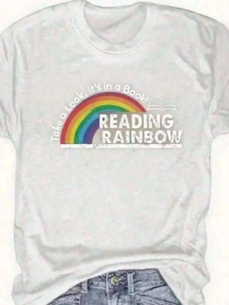 Women's Fitted T-Shirt With Y2K Print And Crew Neck - Plus Size - Red T-Shirt For Women - Rainbow Graphic Design T-Shirt For Reading And Books - Casual Everyday T-Shirt For Teachers And Book Lovers - Valentine's Day And Back-To-School Outfit - Soft Everyday T-Shirt, Teacher's Clothing, Fun Design, Comfortable Fit - Summer Festival Fashion, Heavyweight Cotton T-Shirt For Adults - 白色 - 查看 1