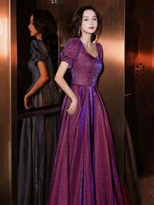 Women's Long Multicolored Party Dress, Short Puff Sleeves With V-Neck, Shiny Charro-Style Fabric, Elegant Princess Style Ideal For Banquets And Graduations. - 玫紫色 - 查看 1