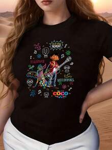 Colorful Graphics Evoking The Day Of The Dead Celebration With Elements Of Music, Joy, And Family Memories, Inspiring A Connection Between Life And Memory. Comfortable And Soft Women's T-Shirt For Everyday Wear. - 黑色 - 查看 1