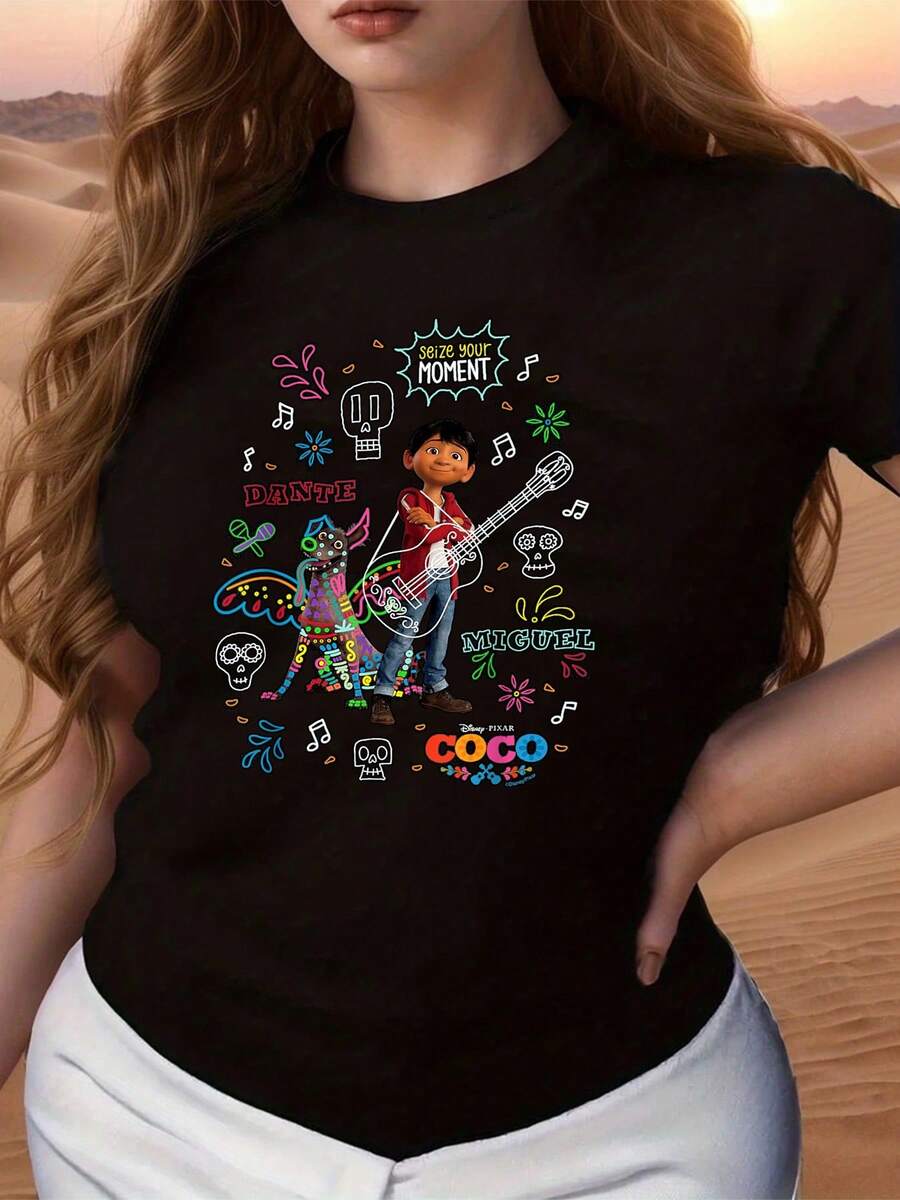Colorful Graphics Evoking The Day Of The Dead Celebration With Elements Of Music, Joy, And Family Memories, Inspiring A Connection Between Life And Memory. Comfortable And Soft Women's T-Shirt For Everyday Wear. - 黑色 - 查看 1