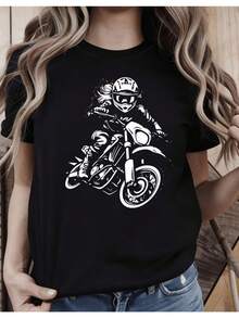 Women's Black Short-Sleeved T-Shirt With Biker Design, Soft And Stretchy, Round Neck, Casual Design, Cool And Breathable, With A Striking And Modern Style, Ideal For Casual Daily Wear, Comfortable And Relaxed. - 黑色 - 查看 8