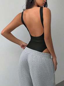Body sin espalda de punto de unicolor casual para mujer - Negro - Ver 6