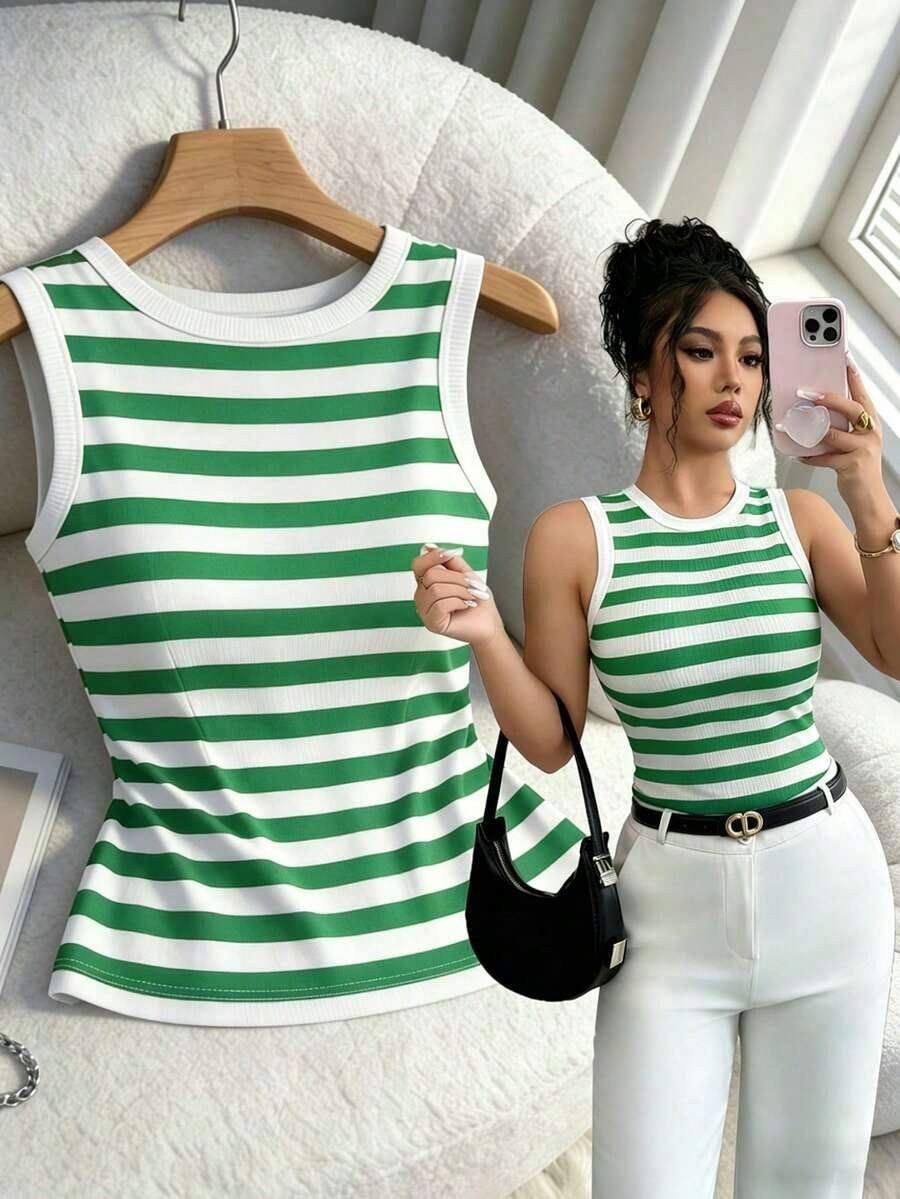 Top de tirantes ajustado y acanalado elegante para mujer, en negro y blanco acanalado, adecuado para uso diario en primavera/verano - Verde - Ver 1