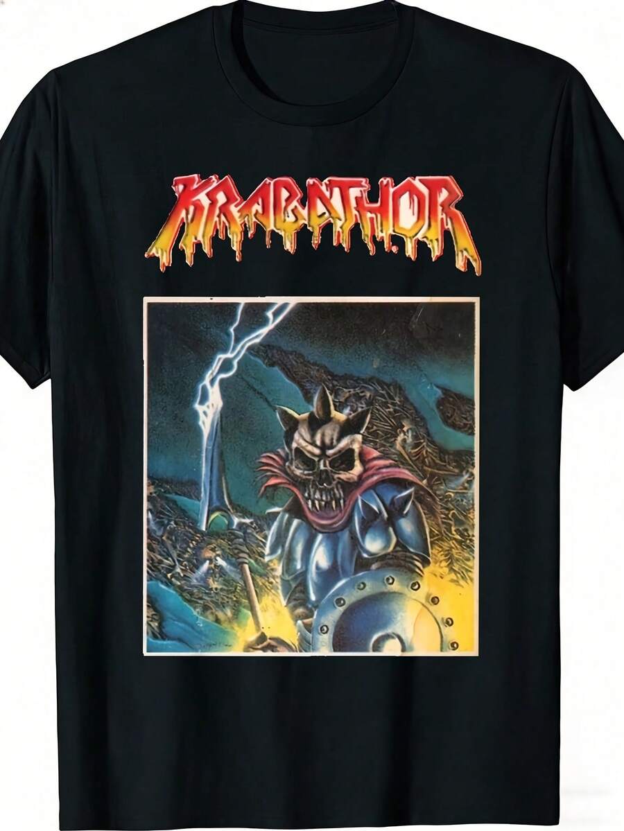 Unisex Krabathor T-Shirt With A Skull, Warrior, And Lightning Bolt Design, For Men And Women. Soft And Essential For Year-Round Casual Wear, This Versatile T-Shirt Is Perfect For All Seasons, Making It An Affordable Everyday Essential And A Great Gift For Fans And Friends. With Its Crisp, Streamlined Cut, This Garment Creates A Clean And Vibrant Look. Its Relaxed Yet Flattering Silhouette Suits All Body Types, Offering A Style That Is Both Casual And Sophisticated. - 黑色 - 查看 1