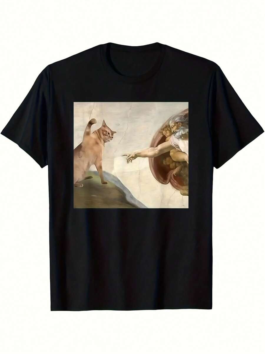 Vintage Men's Heavyweight 220gsm 100% T-Shirt - Black Renaissance Art Print (Inspired By Leonardo Da Vinci's Mona Lisa) - Breathable All-Season Leisure & Gym Wear, Relaxed Fit Short Sleeve Crew Neck T-Shirt For Everyday & Beach Outfits - Black - View 1