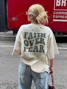 "Faith Over Fear" Double Print T-Shirt - Short-Sleeve Crew Neck Pure Cotton T-Shirt,  Holiday Style, A Daily Essential. Holiday Outfits, Simple Retro Street Style Top. Everyday Campus Wear For Men And Women - Comfortable Loose Fit Cotton Vintage Street Style T-Shirt - 杏 - 查看 7