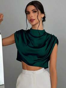 Blusa arrugada de cuello alto para mujeres - Verde Oscuro - Ver 8
