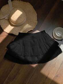 Falda  para mujer, de tela tejida a rayas con cintura elástica y dobladillo con volantes, adecuada para festivales de música country - Negro 2 - Ver 3