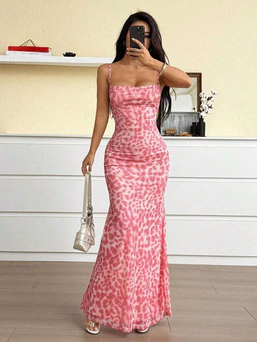 Vestido casual largo para mujer, estampado de leopardo con tirantes de moda sencilla, para uso diario - Rosa Pálido - Ver 1