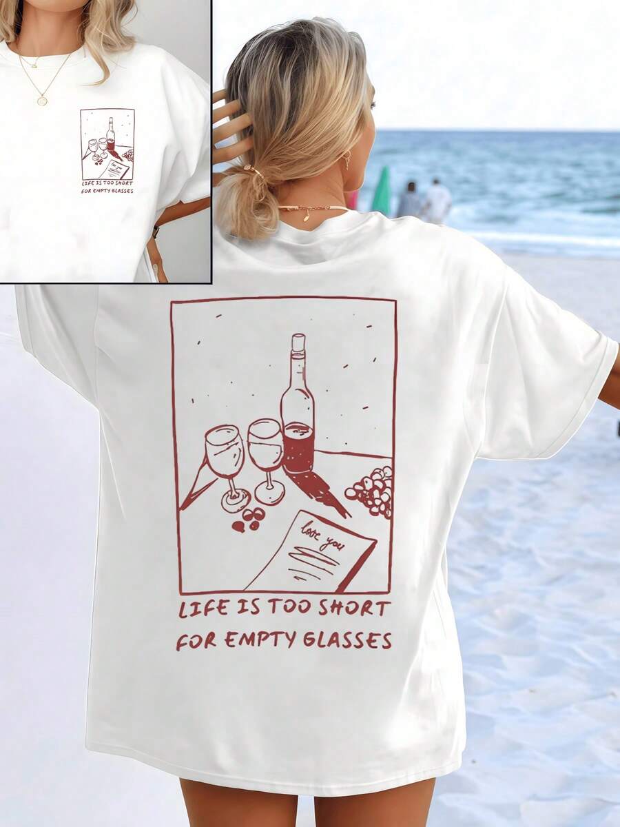 A Half-Full Glass Of Wine Next To A Handwritten Letter Inviting You To Enjoy Life's Little Pleasures, Reminding You That Life Is Fleeting And Deserves To Be Savored Every Day. Women's T-Shirt With A Modern Casual Double Print - 白色 - 查看 1