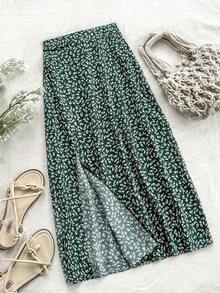 Falda casual con abertura de estilo floral diminuto para vacaciones de mujer - Verde - Ver 6