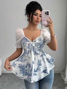 elegante de mujer con estampado texturizado, cuello con lazo, manga de volantes de malla transparente.Versátil para verano, viajes, uso diario, oficina, fiestas campestres, festivales de música - Azul - Ver 6