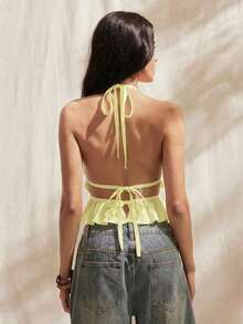 Blusa sin mangas para mujer con cuello halter plisado, ajustada a la cintura con lazo en la espalda y con la espalda descubierta - Amarillo claro - Ver 2