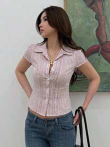 Blusa blanca de manga corta ajustada con cuello para mujer, de unicolor, para el verano - Rosa 2 - Ver 8