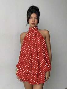 Vestido mini elegante de mujer con estampado de lunares y escote halter sin espalda - Rojo - Ver 6