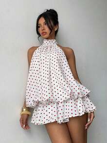 Vestido mini elegante de mujer con estampado de lunares y escote halter sin espalda - Rojo y blanco - Ver 4