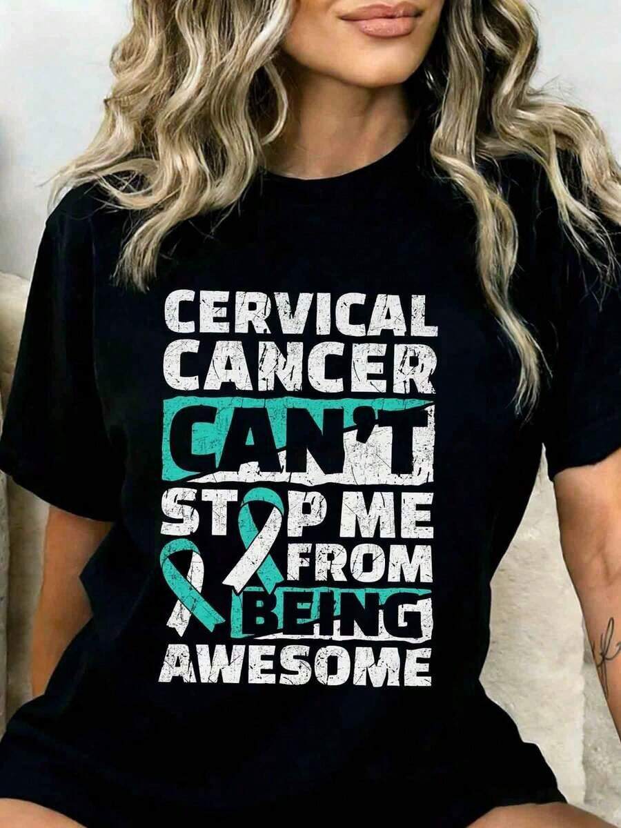 1 Piece Cervical Cancer Awareness T-Shirt "Cancer Doesn't Stop Me From Being Amazing" For Women, Teal Ribbon, Cancer Survivor Support Gift, 180g 100% Cotton - Black - View 1