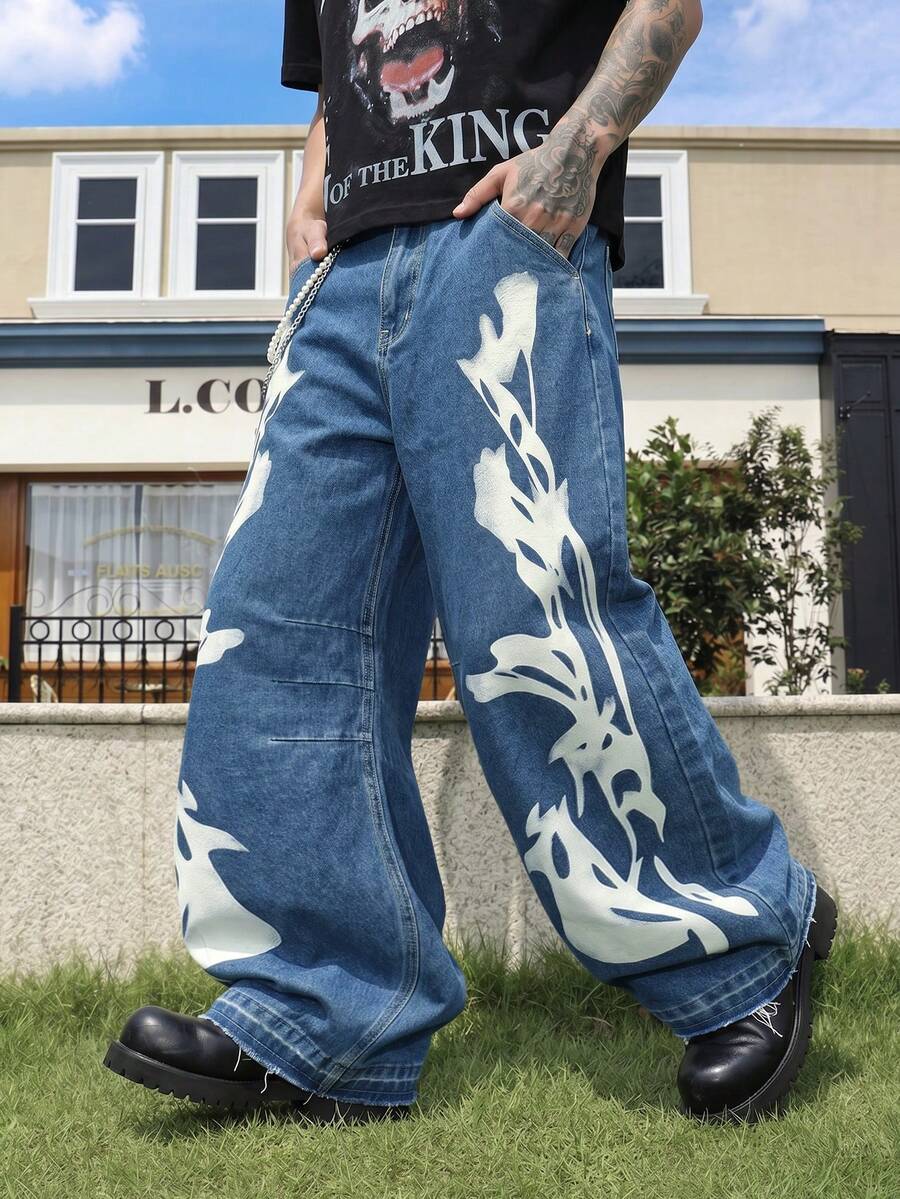 1 chiếc quần jeans ống rộng in họa tiết phong cách punk bụi bặm retro dành cho nam, kiểu dáng đường phố. - Màu xanh lam - Xem 1