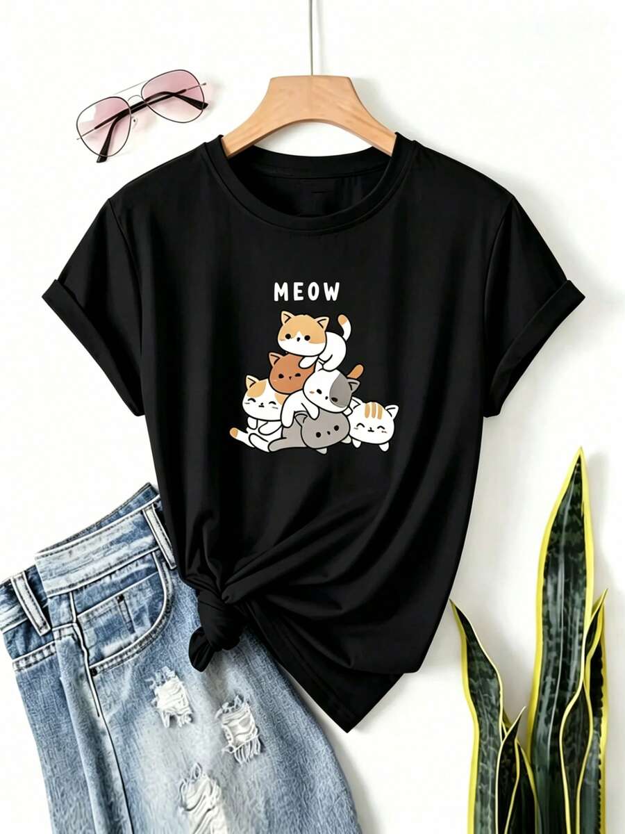 Playera de Mujer con Estampado de Gatos Lindos Kawaii y Letras Meow Manga Corta Cuello Redondo Camiseta Casual Estilo Coreano Top Juvenil de Moda - Negro - Ver 1