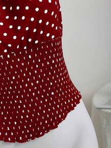 Blusa con cuello de halter, espalda descubierta, cintura ceñida y bajo asimétrico con lunares en blanco y negro.Elegante para ir al trabajo, vacaciones, playa, casual, citas.Versátil para mujeres en verano - Burdeos - Ver 6