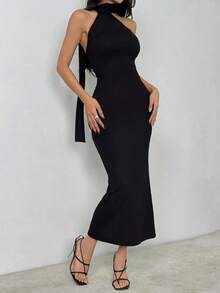 Vestido ajustado de cuello de halter y espalda descubierta - Negro - Ver 3