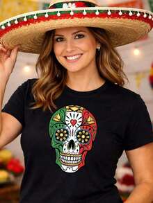 Unisex T-Shirt With A Sugar Skull And Mexican Flag Design, A Great Gift For Men For Cinco De Mayo. Also Suitable For Women's Clothing, Blouses, Tops, And T-Shirts. Lightweight And Breathable Fabric, Cute Style, Perfect For Summer Wear,  And Cool, Ideal For School And Everyday Wear. - 黑色 - 查看 1